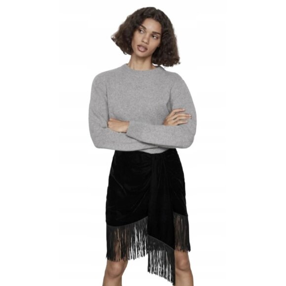 NWOT Zara black crushed velvet-like skirt w/ statement curved hem & fringing, XS - Picture 2 of 9